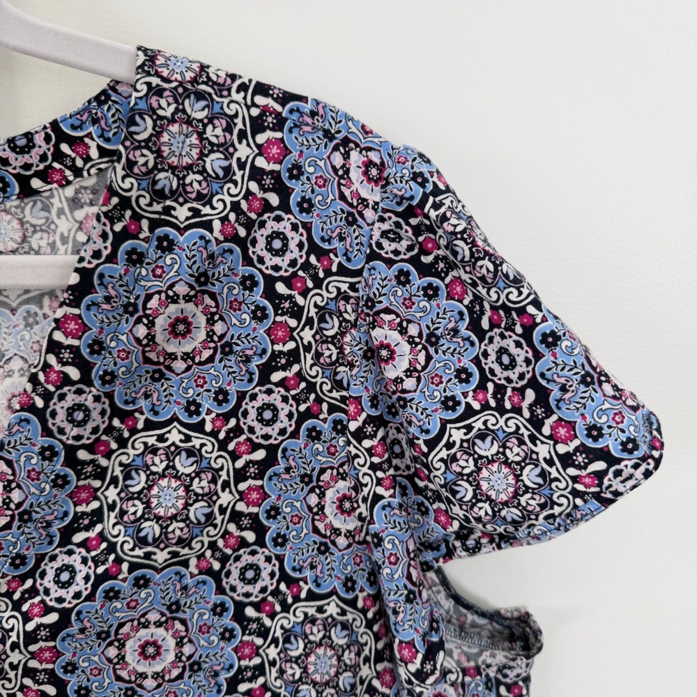Loft Women's Flounce Dress Short Sleeve Blue Pink Floral Buttons Ruffle Size XL - Picture 4 of 12